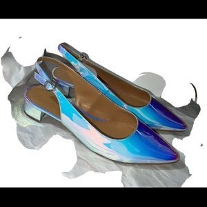 J.Crew Holographic Iridescent Metallic Pearl Slingback Low Block Heel SZ 7.5